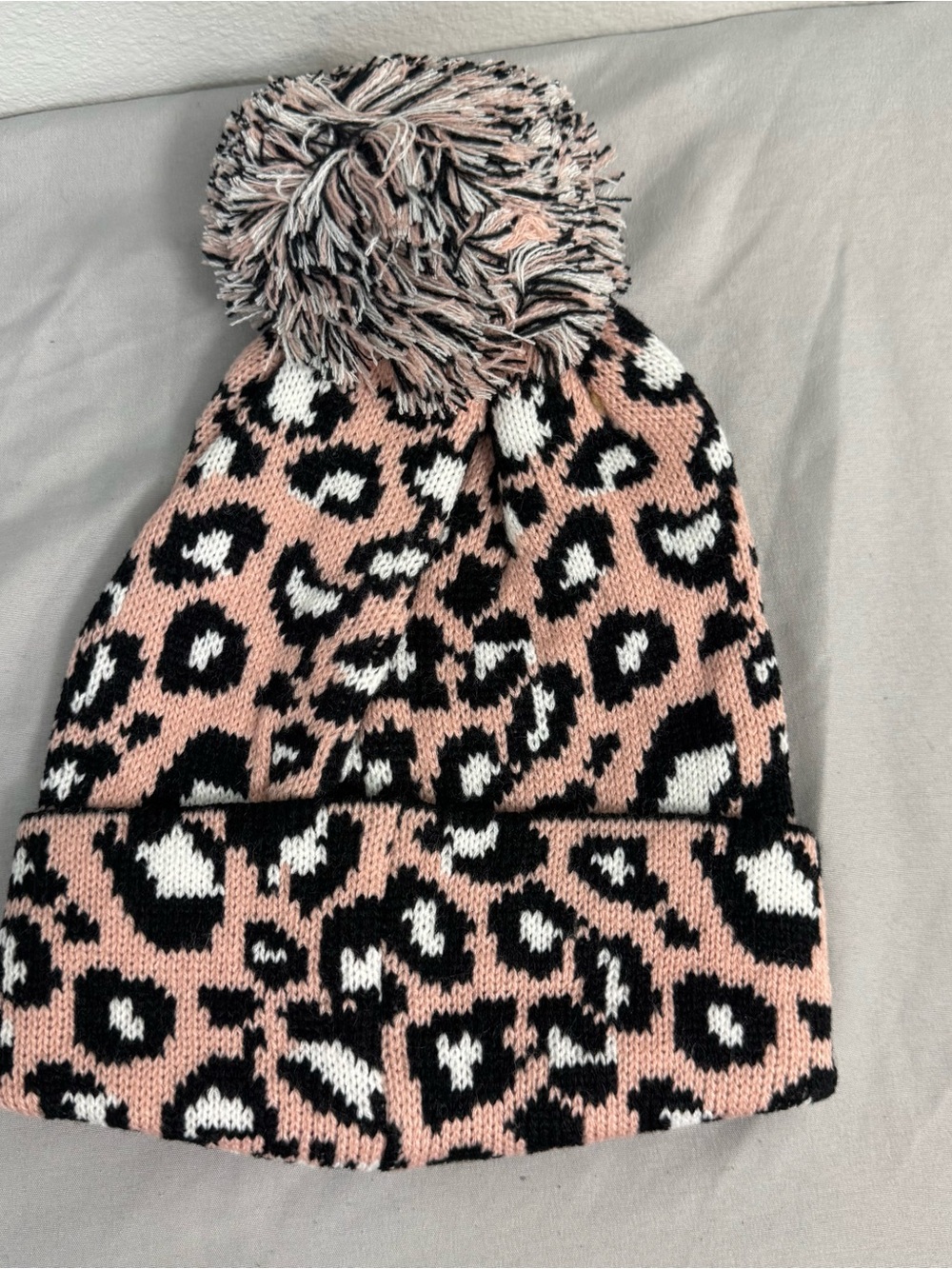 Kids Leopard Print Pom Beanie - Pink/Black/White